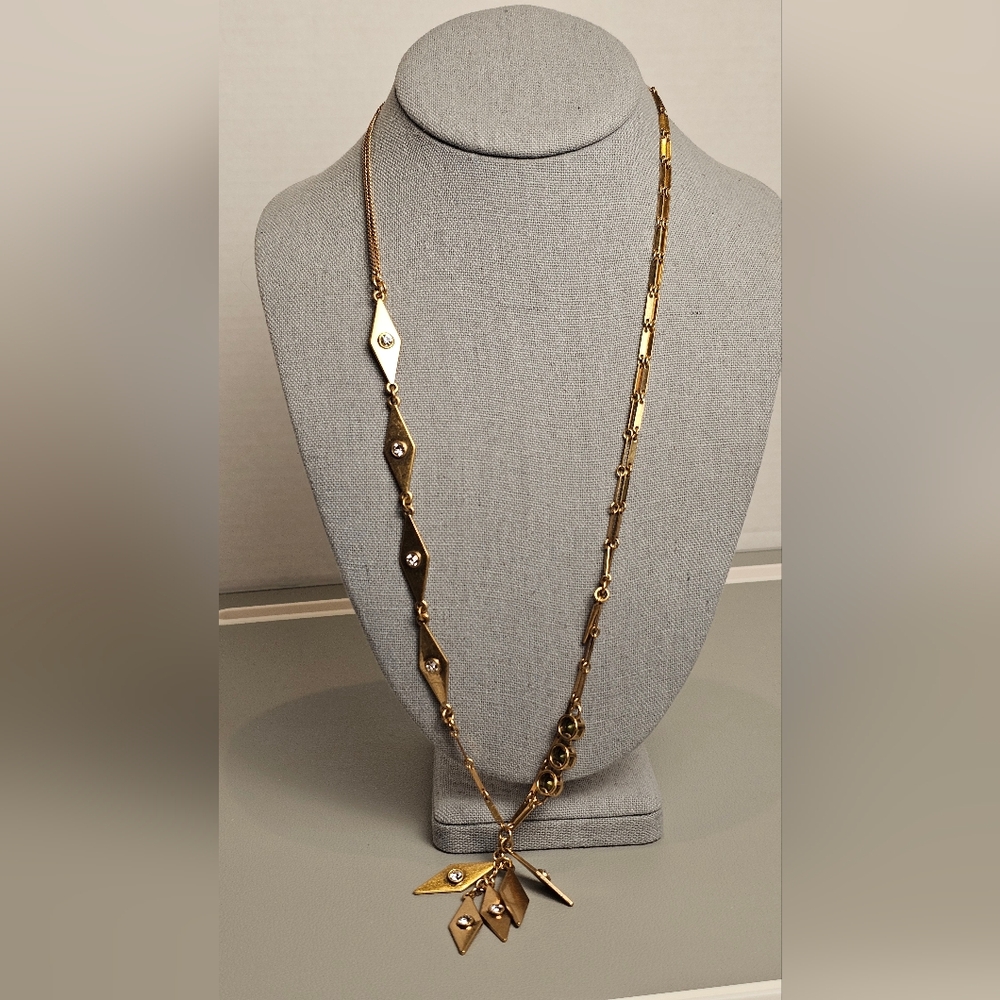 [J. Crew] Y2K Vintage Asymmetrical Gold Toned Necklace Rhinestone Accents